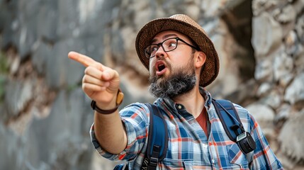 Obraz premium A tourist with a camera excitedly points at something off screen their face filled with wonder and curiosity Solid background