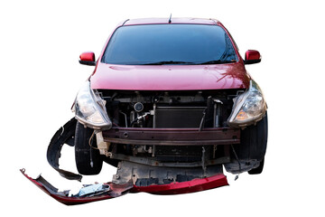 Car crash,Front view of red car get damaged by accident on the road. damaged cars after collision....