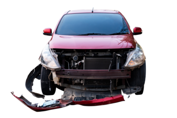 Car crash,Front view of red car get damaged by accident on the road. damaged cars after collision. Isolated on transparent background, car crash broken, Bumper, PNG File