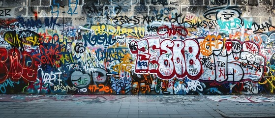 Obraz premium graffiti wall at street side, foot path with grungy rebel artwork, Generative Ai