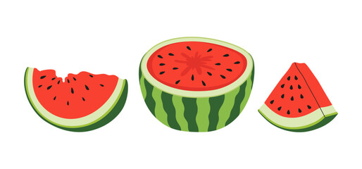 Fresh and juicy whole watermelons and slices. Fruit summer Illustration for recipe cookbook, banner, postcard, menu. Healthy product. Vector flat illustration.