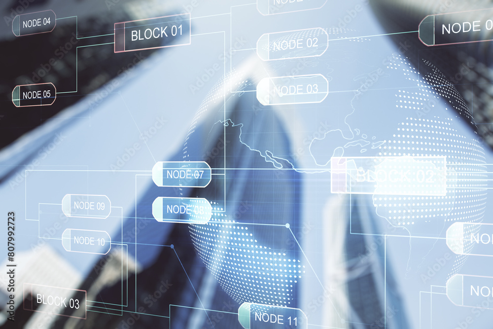 Aufkleber Double exposure of abstract creative programming illustration and world map on blurry cityscape background, big data and blockchain concept