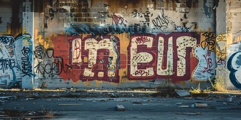 Fototapeta premium graffiti wall at street side, foot path with grungy rebel artwork, Generative Ai