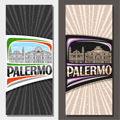 Vector vertical layouts for Palermo, decorative leaflet with illustration of european palermo city scape on day and dusk sky background, art design tourist card with unique lettering for word palermo