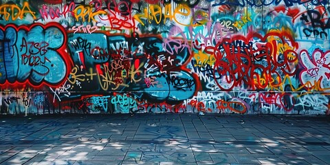 graffiti wall at street side, foot path with grungy rebel artwork, Generative Ai