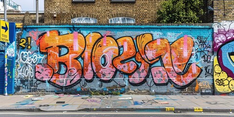 Fototapeta premium graffiti wall at street side, foot path with grungy rebel artwork, Generative Ai