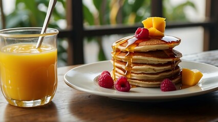 Pancakes with mango and raspberries on a wooden background. Healthy breakfast concept