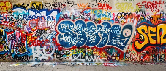graffiti wall at street side, foot path with grungy rebel artwork, Generative Ai