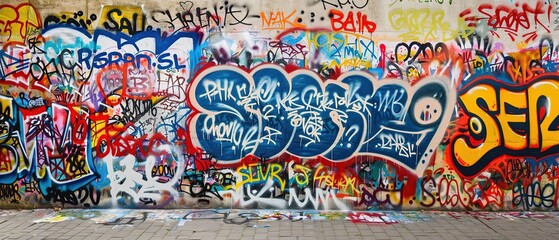Fototapeta premium graffiti wall at street side, foot path with grungy rebel artwork, Generative Ai