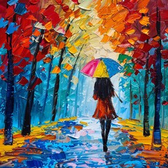 A woman is walking down a path in the rain with an umbrella