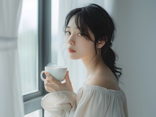 Serene Moment of Solace A Woman Embracing Quiet Contemplation by the Window