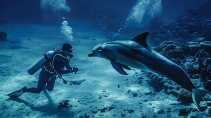 A diver interacting with a friendly dolphin in the wild, mutual trust