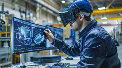 Engineer in VR headset interacts with 3D models in high-tech facility