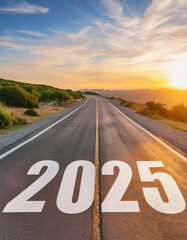 View of a landscape with a road running through it in the center reaching to the horizon. The writing 2025 on the asphalt - New Year and business concept