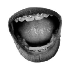 Halftone dotted screaming open mouth with braces. Vector textured female lips, teeth for trendy y2k retro collage