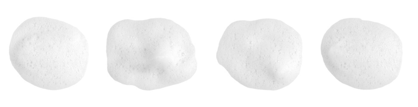 top view set shampoo bubble isolated on a white background, white foam soap. concept of suds texture, foam bubble in a bathtub. shaving cream gel, bath lather