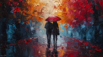 A couple is walking in the rain with an umbrella