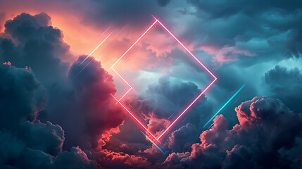A neon geometric rhombus frame, glowing intensely against a backdrop of cumulonimbus clouds on a tempestuous night,