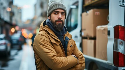 Third-party delivery concept, focused delivery man standing near van ready to deliver some packages, dedicated committed responsible punctual trustworthy
