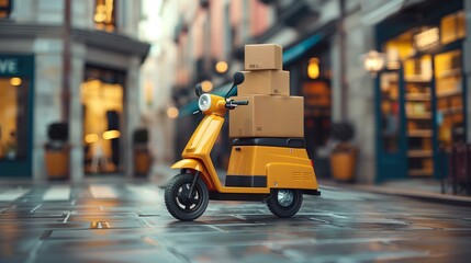 Last-mile delivery concept, scooter delivering cardboard boxes in urban city street, quick efficient reliable convenient affordable