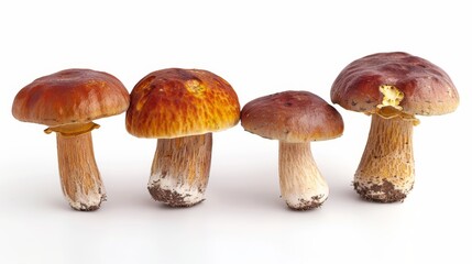 4 mushrooms in a line. Mushrooms are in vivid psychedelic colors isolated on a white background.