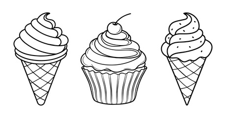 Sweet ice cream cones and cupcake vector illustration for coloring book. Hand drawn outline isolated sketch