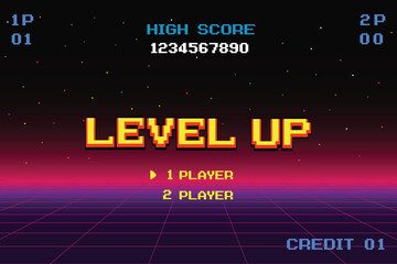 Fototapeta premium LEVEL UP. 1 player. Synthwave wireframe net illustration. pixel art .8 bit game. retro game. for game assets .Retro Futurism Sci-Fi Background. glowing neon grid. and stars.