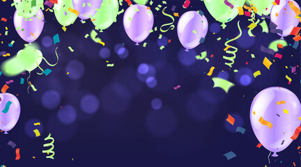 Balloons and confetti on dark background. Vector Illustration.