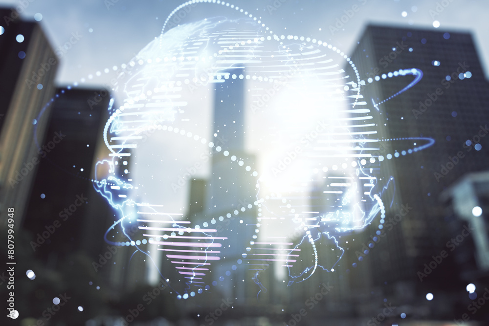 Poster abstract graphic digital world map hologram with connections on modern architecture background, glob