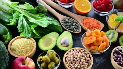 Food products representing the vegan diet. Veganism.