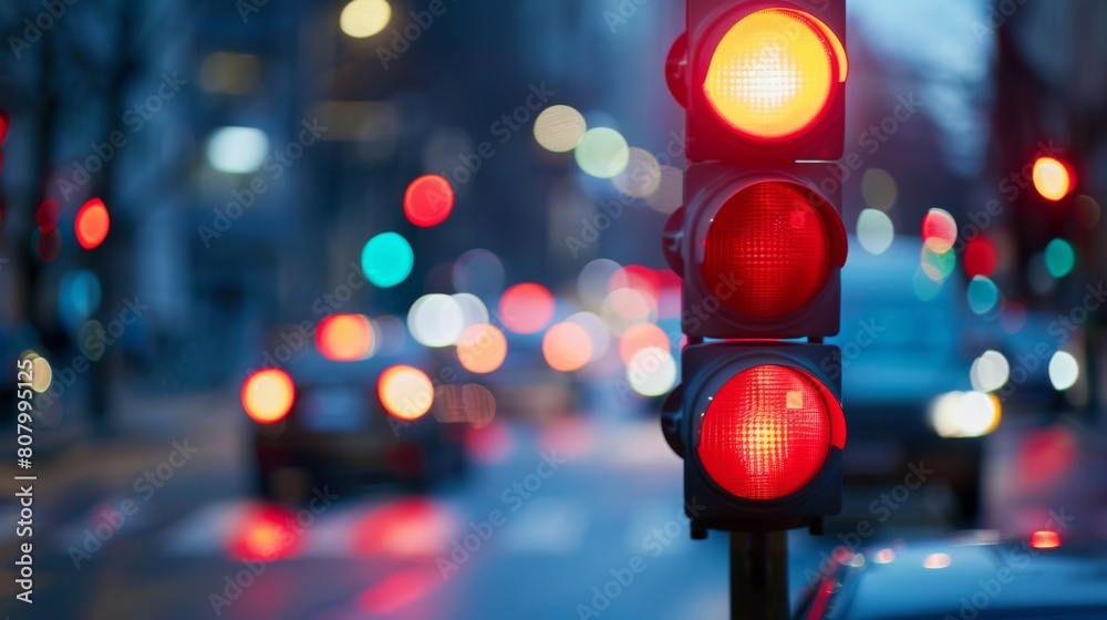 Aufkleber a driver stopping at a red light with blurred traffic in the background, traffic signals