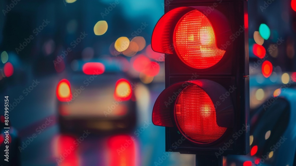 Aufkleber a driver stopping at a red light with blurred traffic in the background, traffic signals