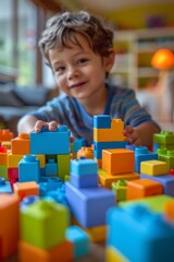 A young boy playing with a large pile of colorful blocks, AI