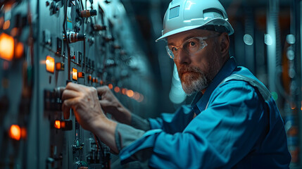 Highly Skilled Electrical Engineer Troubleshooting Power Outage with Realistic Photo of Inspecting Switchgear Components and Repairing Damaged Circuits