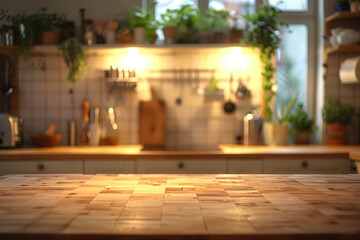 Warmly lit kitchen featuring a detailed butcher block table and rustic decor with hanging utensils.