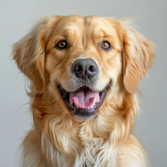 Cheerful golden retriever puppy in studio portrait. Playful and loyal companion with golden coat. AI generative.