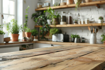 Wooden table in focus with a blurred modern kitchen background filled with green plants and white shelves.