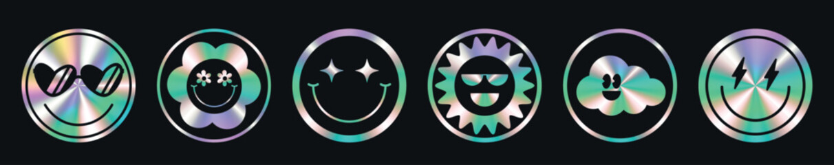 Set of color holographic sticker templates, label with holographic effect. Shiny rainbow emblems with a round shape. Retro style, groovy, 90s, 70s, 60s. Sun, smile, face. Vector illustration EPS10