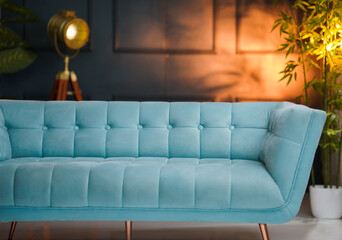 Light Blue sofa with vintage wall, Simple interior image