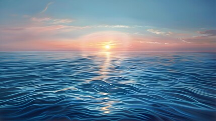 Obraz premium A tranquil ocean scene at sunset, with the sun setting behind and reflecting on calm waters, creating gentle ripples in its surface.
