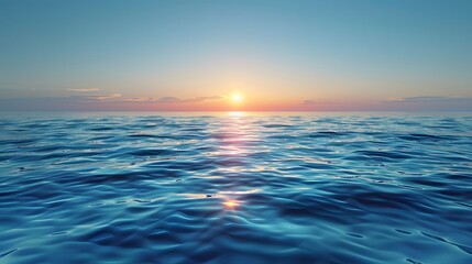 Obraz premium A tranquil ocean scene at sunset, with the sun setting behind and reflecting on calm waters, creating gentle ripples in its surface.