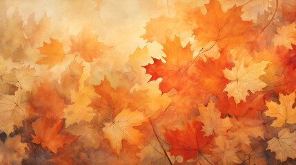 An artistic watercolor background of autumn leaves in oranges, reds, and yellows