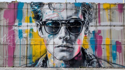 A man with sunglasses is painted on a wall. The wall is colorful and has graffiti on it. The man's face is the main focus of the painting