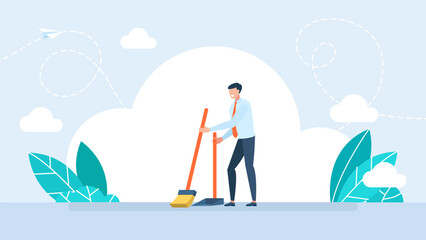 Cleaning staff character with equipment. Smiling young janitor in a suit, sweeping the floor with broom, holding dustpan, professional cleaning, home and office service. Vector Illustration