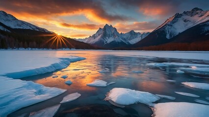 Beautiful sunset over the snow lake, Canadian Rockies,