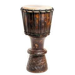 A large wooden drum with a black and brown design