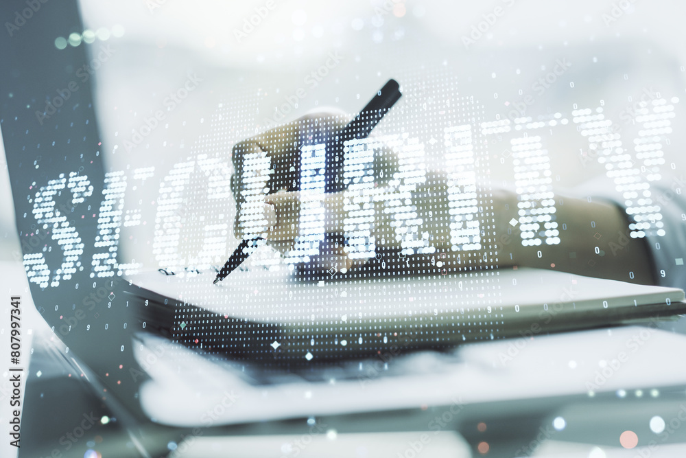 Poster Cyber security creative concept with hand writing in notepad on background with laptop. Double exposure