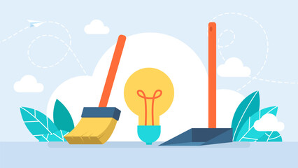 Bad idea, broom, scoop, light bulb. Wasted unworkable ideas, business failure, throw away lightbulb idea into in basket bin. Bad ideas and no inspiration. Fail, office concept. Vector illustration