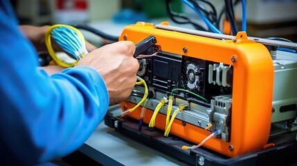 workers control electrical cables, control fiber optics. Electrical worker measures voltage and current of power lines in electrical cabinet control.