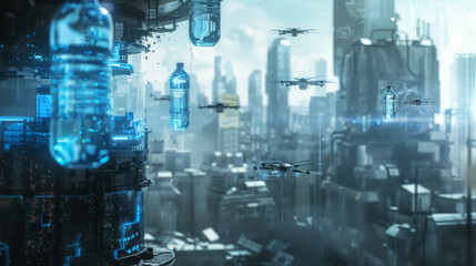 Surreal sci-fi landscape with floating water bottles. Futuristic concept of urban living. AI generative innovation.